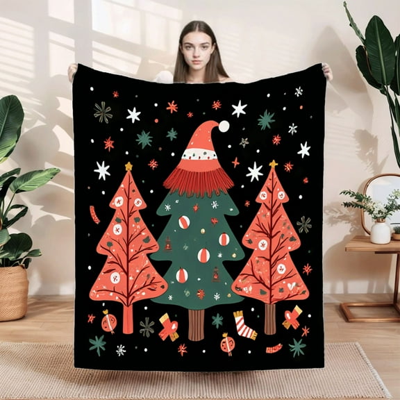 Cozy Flannel Blanket - Soft Warm Durable Festive Christmas Design with Trees Ornaments & Snowflakes - Perfect for Sofa Travel & Bed