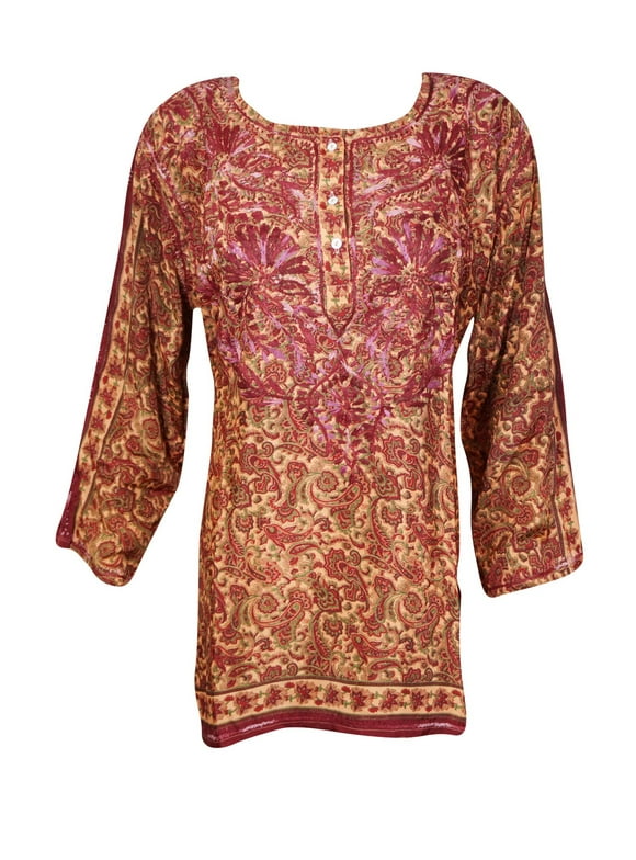 Womens Silk Tunic, Pink Orange Paisley Printed Tunic Top, Shirt, Hand Embroidered Blouse Indi Boho Kurta XL