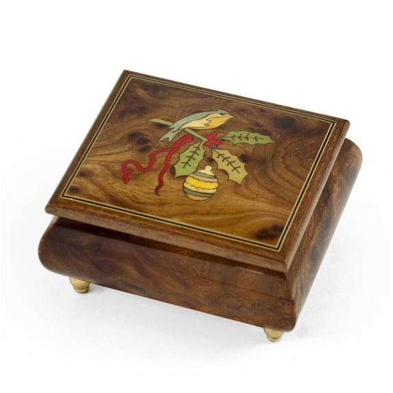 Handcrafted 18 Note Sorrento Music Box with Christmas Theme Wood Inlay of a Christmas Bird - Joy to the World - SWISS