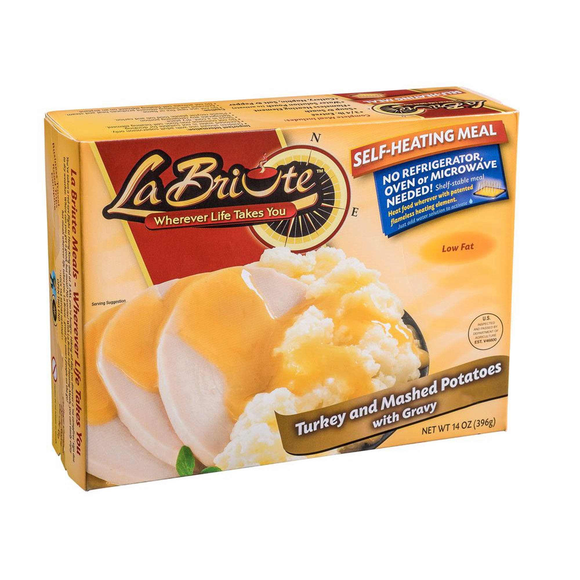 LaBriute Meals Turkey with Mashed Potatoes Self Heating Ready to Eat Meal with Snack, High Protein Entrée, Glatt Kosher, Emergency Food Supply, Camping, Survival, 12 oz Serving