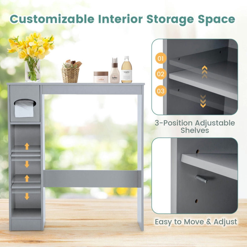 Finihen Toilet Storage Cabinet, Bathroom Cabinet Organizer, Wooden Over the Toilet Storage Cabinet Bathroom Space Saver with Paper Holder, for Bathroom, Gray