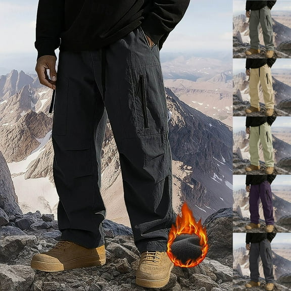 Afuyipoi Mens Fleece Lined Cargo Pants, Outdoor Waterproof Hiking Long Pants for Hiking Fishing Casual Workwear Black L