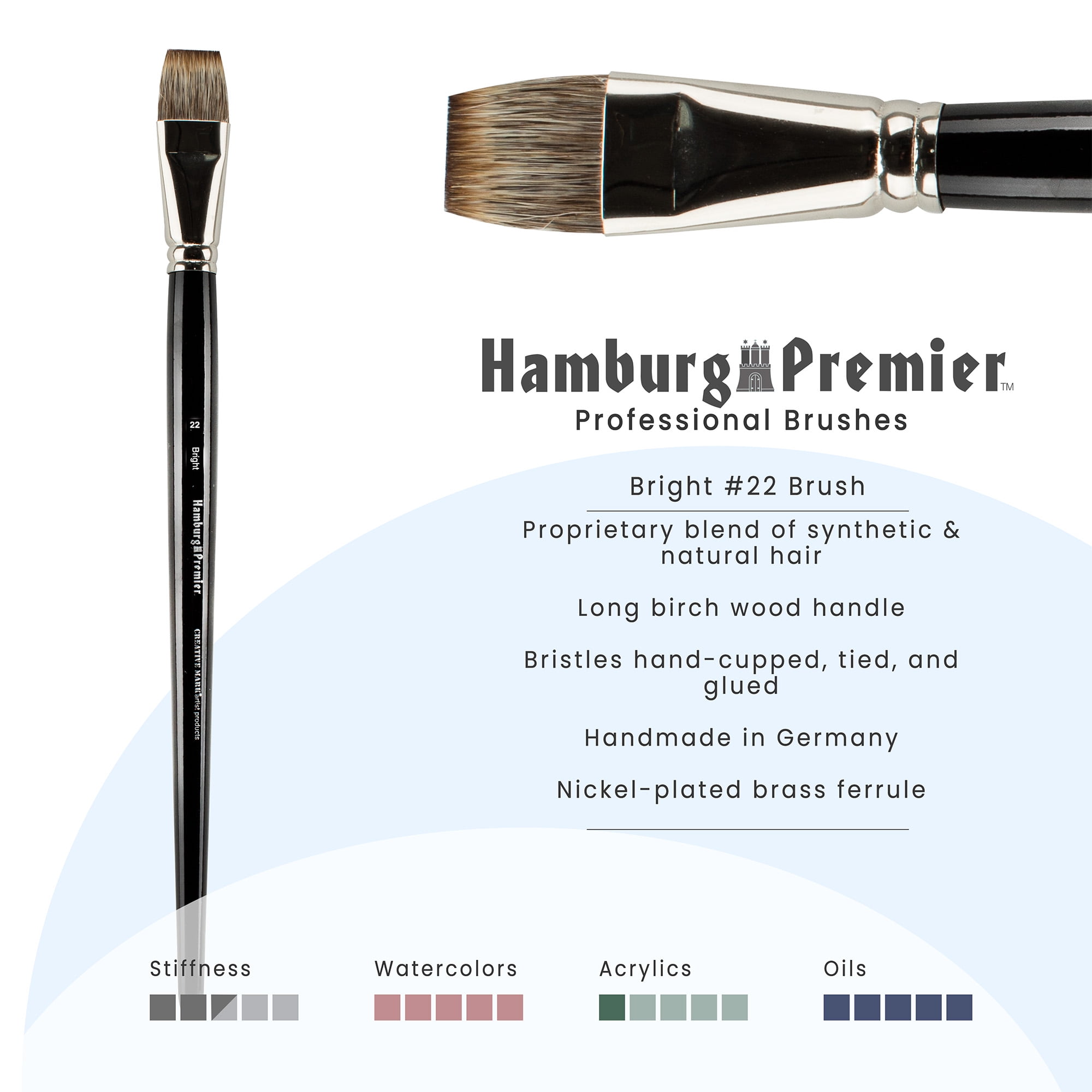 Creative Mark Hamburg Premiere Professional Oil Painting Brushes - Bright #22 Oil Paint Brush - Handmade in Germany, Natural & Synthetic Hair Blend, Long Triple-Lacquered Birch Handle