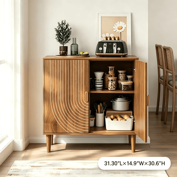Imountek Walnut Line Groove Buffet Sideboard Cabinet, 2 Door Accent Storage Credenza with 3-Level Adjustable Inner Shelf for Living Room Kitchen