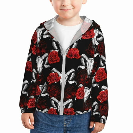 

Rash Guard for Boys Girls - goat skull red roses black cool Lightweight Long Sleeve Sun Protection Jacket Hooded Cooling Swim Shirt with Zipper for Toddler Kids Children