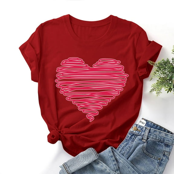 EQWLJWE Plus Size Valentine's Day Shirts for Women Cute Love Heart Print Graphic Solid Color Short Sleeve Pullover Tees Teacher Valentine Shirt Summer Casual Tops Red(S-3Xl)