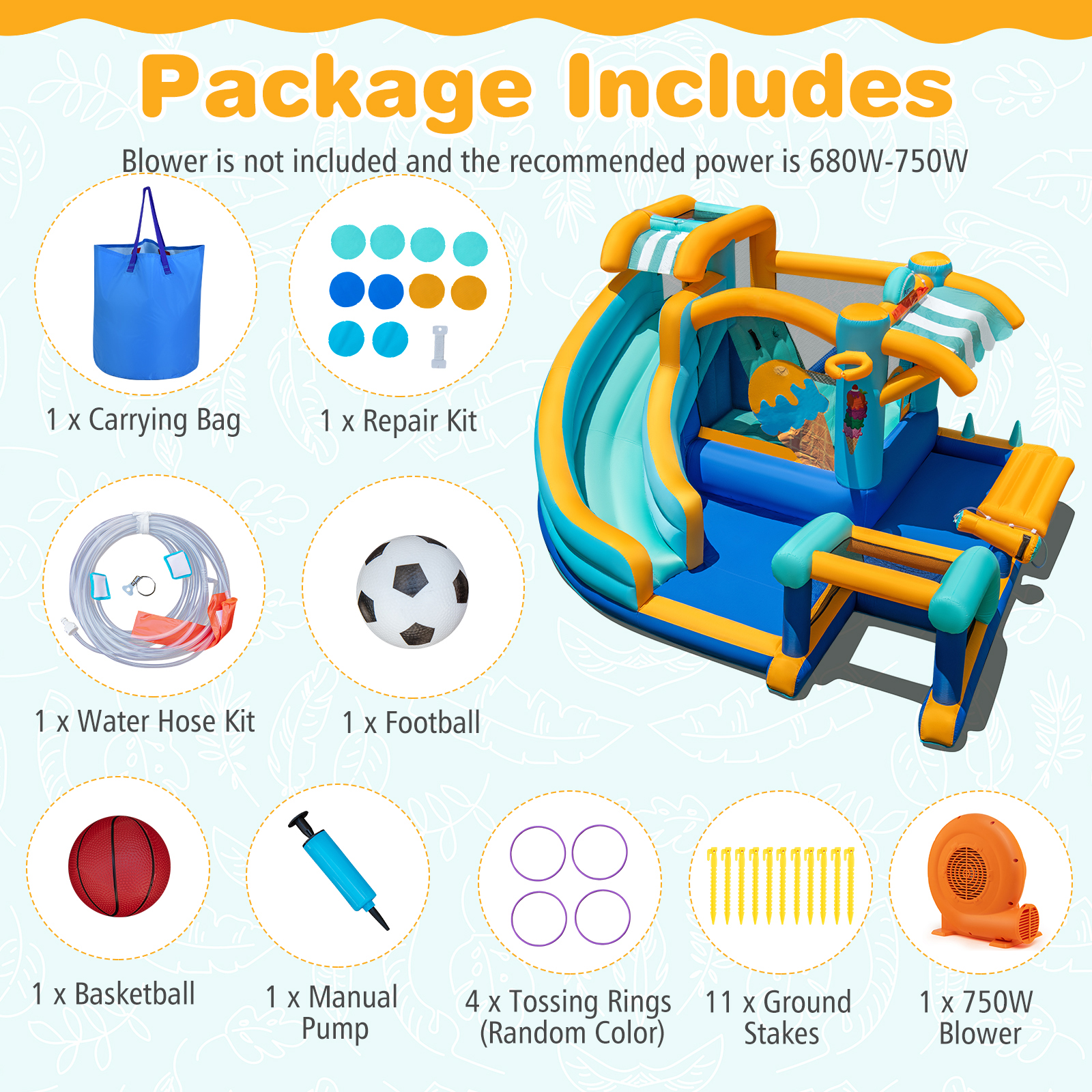 Patiojoy Inflatable Water Park with Market Stand Water Slide with Climbing Wall & 750W Blower