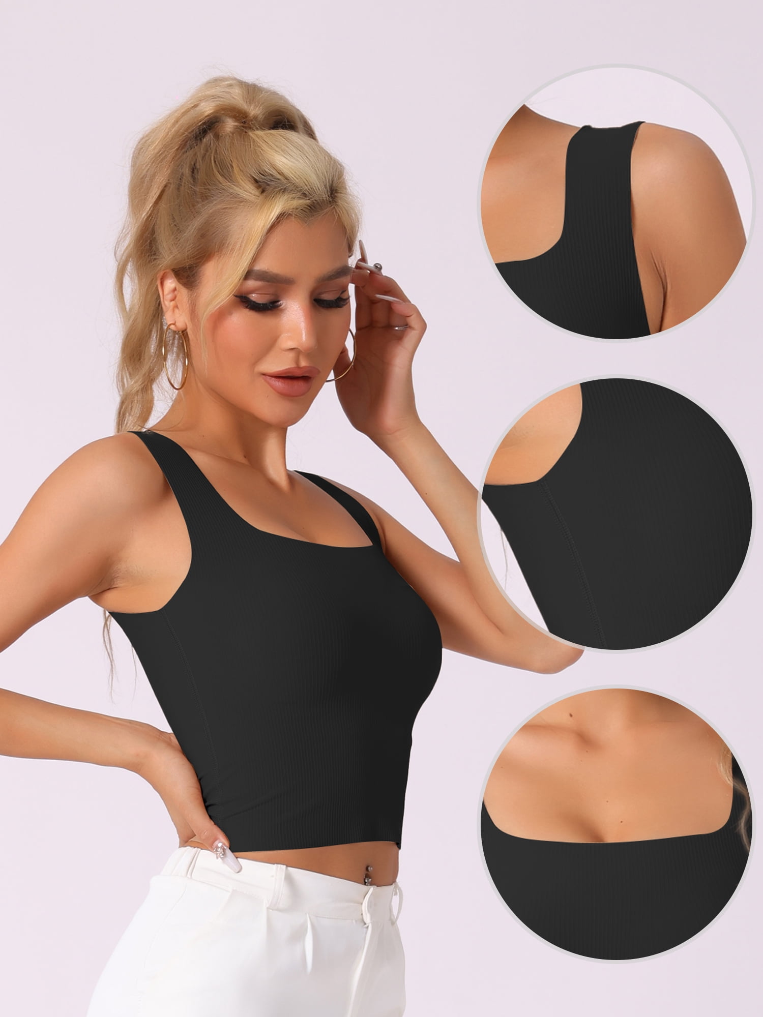 DARING DIVA Women's Square Neck Ribbed Slim Fit Tank Top Built-In Bra M Black