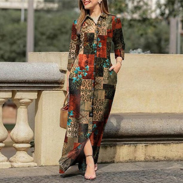 Vestido largo bohemio con cuello en V para mujer vestido Vintage dividido vestido camisero Retro para primavera y verano