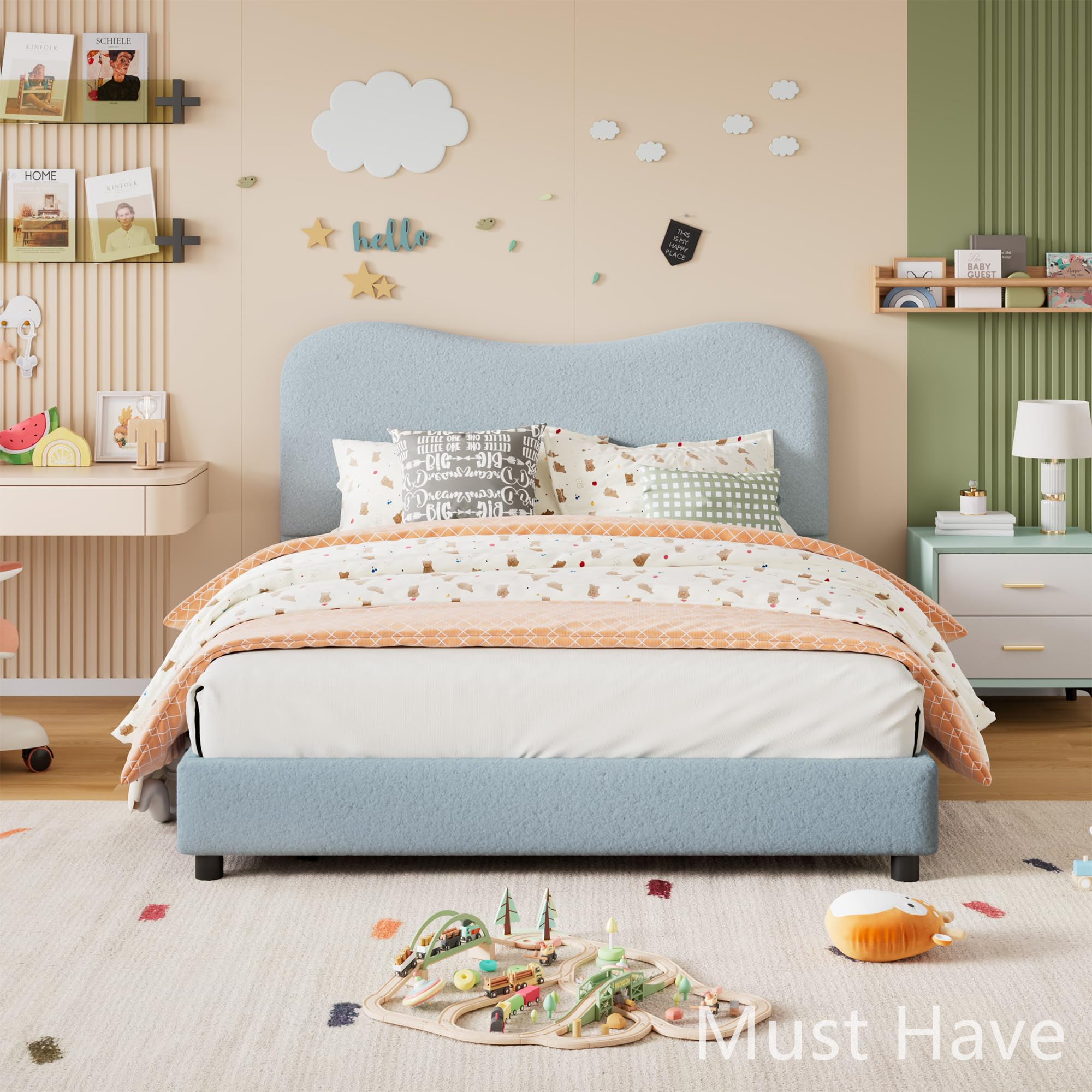 Jojoka Modern Full Bed Frame Upholstered in Soft Boucle Fabric, Sturdy Wooden Slats, No Gap Headboard, Easy Assembly, No Box Spring Needed, Blue