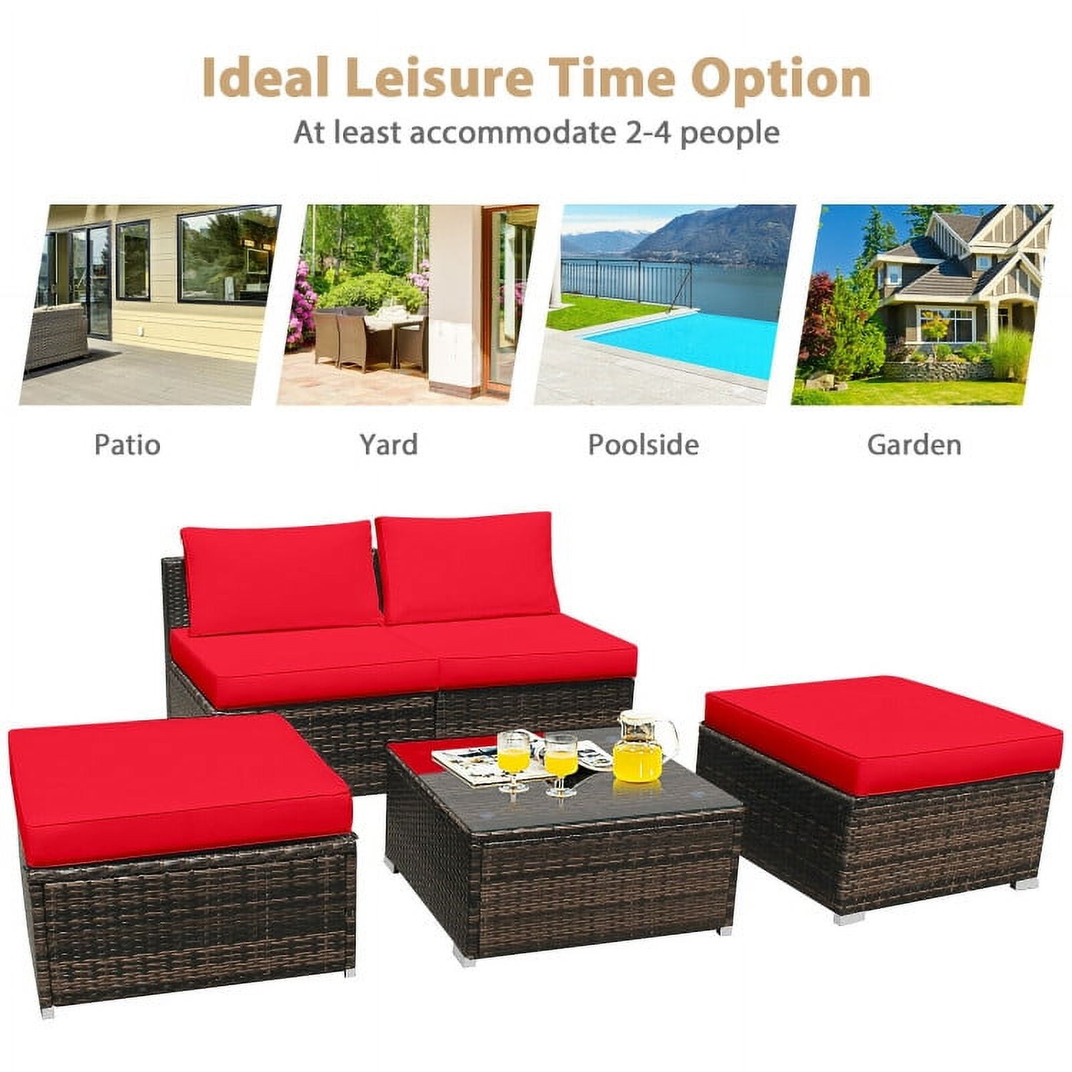 Aimee Lii 5 Pieces Patio Rattan Furniture Set with Cushioned Armless Sofa, Outdoor Deck Furniture, Red Aimee Lii 5 Pieces Patio Rattan Furniture Set with Cushioned Armless Sofa, Outdoor Deck Furniture, Red