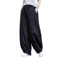thumbnail image 3 of ‌Men's Linen Pants Casual Wide Leg Baggy Pants Elastic Waist Drawstring Loose Fit Casual Summer Beach Pants with Pockets Baggy Trousers Black L, 3 of 8