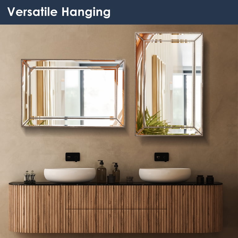 Head West Beveled Wall Mirror - 17" X 29", Chrome & White Wood-Grain Frame, Rectangular