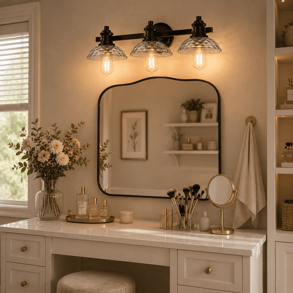 YANSUN 25in 3-Light Bathroom Vanity Light, Matte Black Vanity Light Fixture with Clear Glass Shades, E26 Base, Industrial Modern Wall Sconce for Bathroom, Mirror, Bedroom