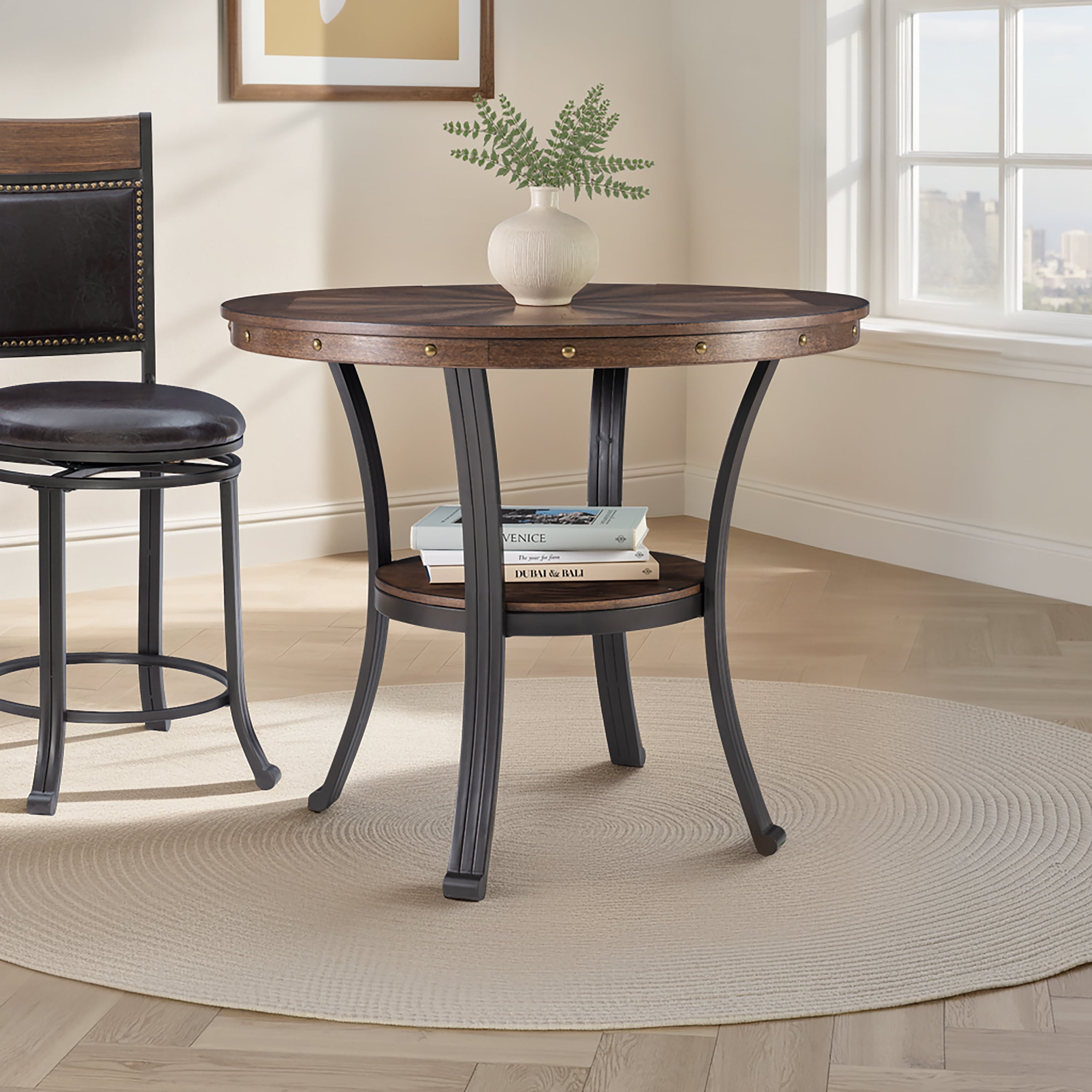 Powell Holloway Round Indoor End Table with Shelf, 23" Tall, Rustic Umber