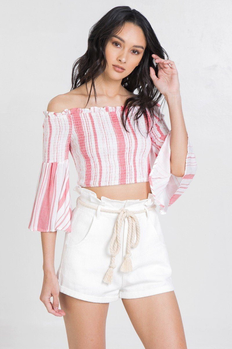 Striped Offtheshoulder Gauze Crop Top
