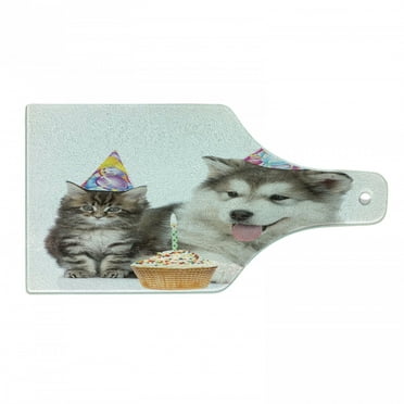 Birthday Cutting Board, Dog and Cat Domestic Animals with Birthday Party Cones and Cupcake Image, Decorative Tempered Glass Cutting and Serving Board, Wine Bottle Shape, White and Brown, by Ambesonne