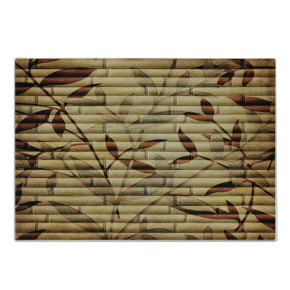 Beige Cutting Board, Bamboo Stems Background with Leaves and Stems Pattern Print, Decorative Tempered Glass Cutting and Serving Board, Small Size, Brown Tan Beige, by Ambesonne