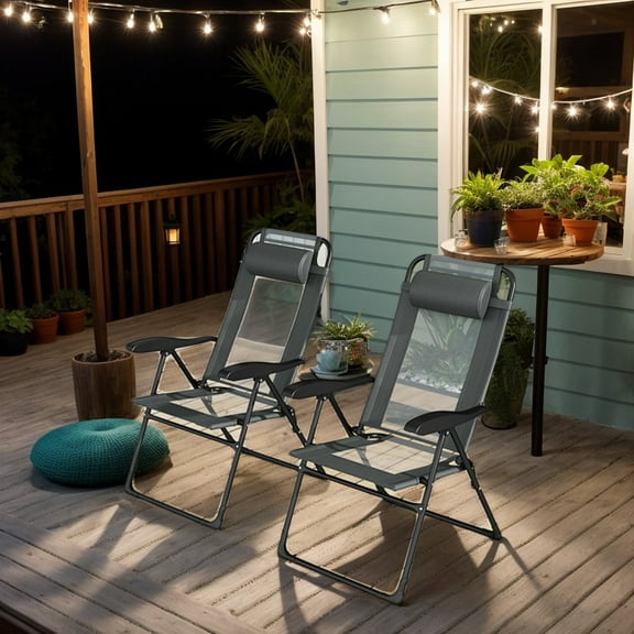 Yardi Yarda Outdoor Folding Chairs Set of 2, Patio Chair with Armrests and 7-Level Backrest for Outdoor as Yard, Gray