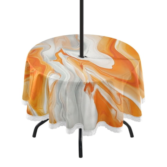 Round Tablecloth 60*60 Inches Round Tablecloth Outdoor Style Tablecloth With Umbrella Holes Tablecloth Outdoor Suitable For Kitchens and Dining Rooms Orange Marble Pattern