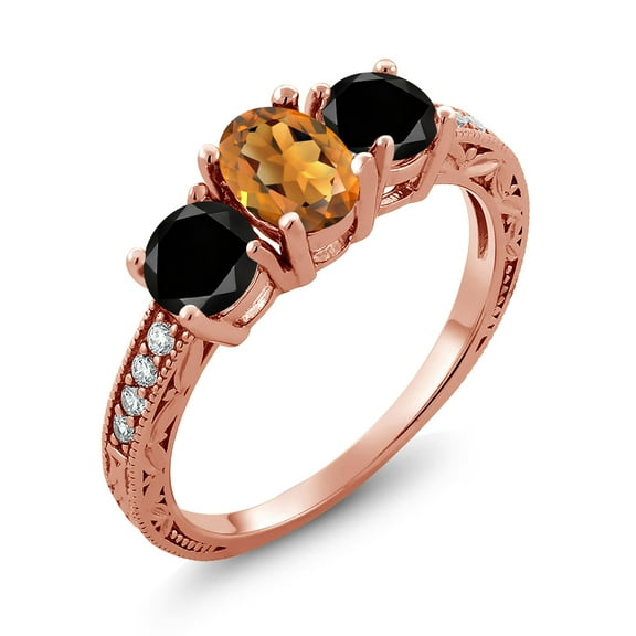 Gem Stone King 1.92 Ct Orange Red Madeira Citrine Black Diamond 18K Rose Gold Plated Silver Moissanite Ring (Size 6)