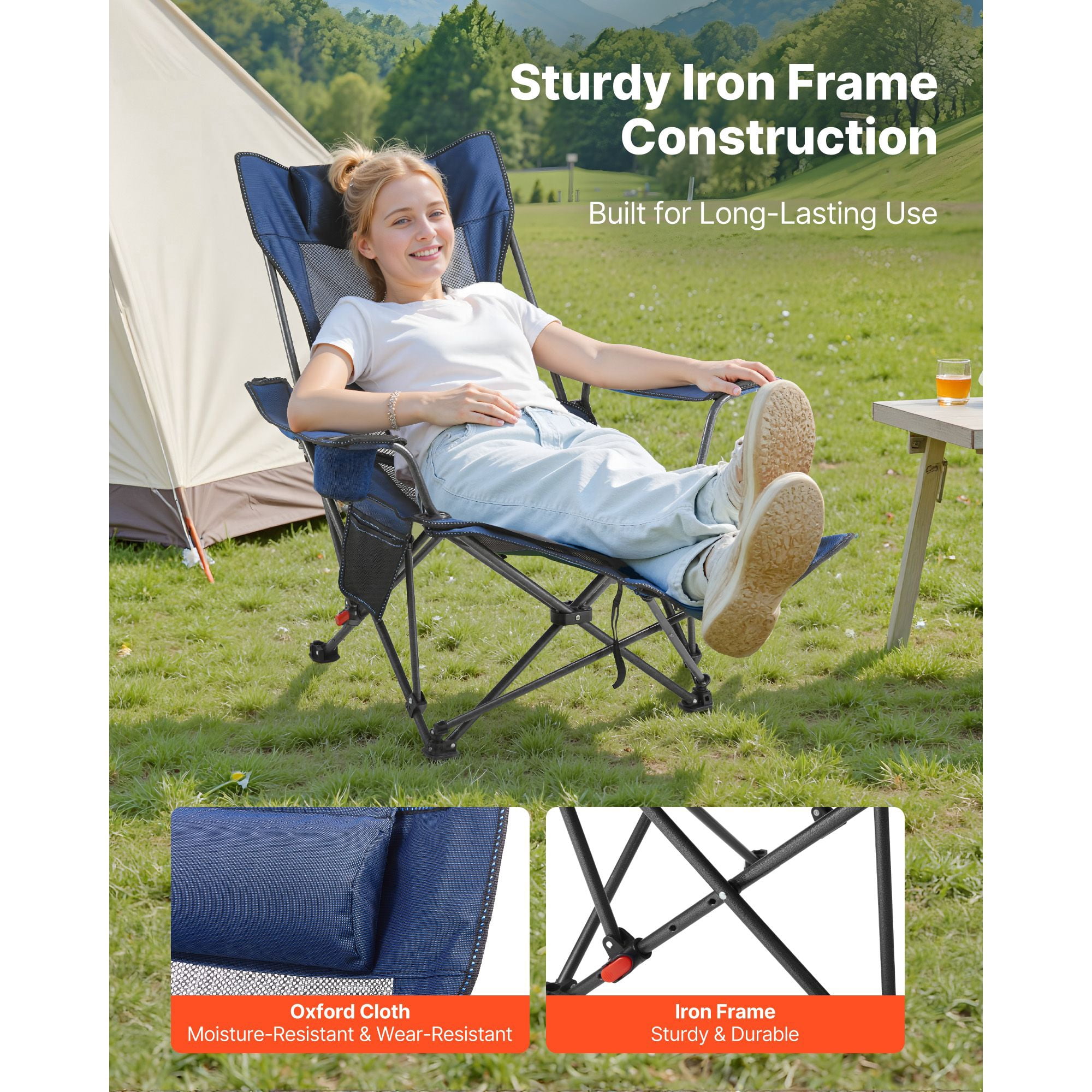 Foldable Reclining Lounge Chair 4-Position Adjustable, 220 lbs Capacity, Detachable Footrest, Cup Holder, for Camping Beach Patio