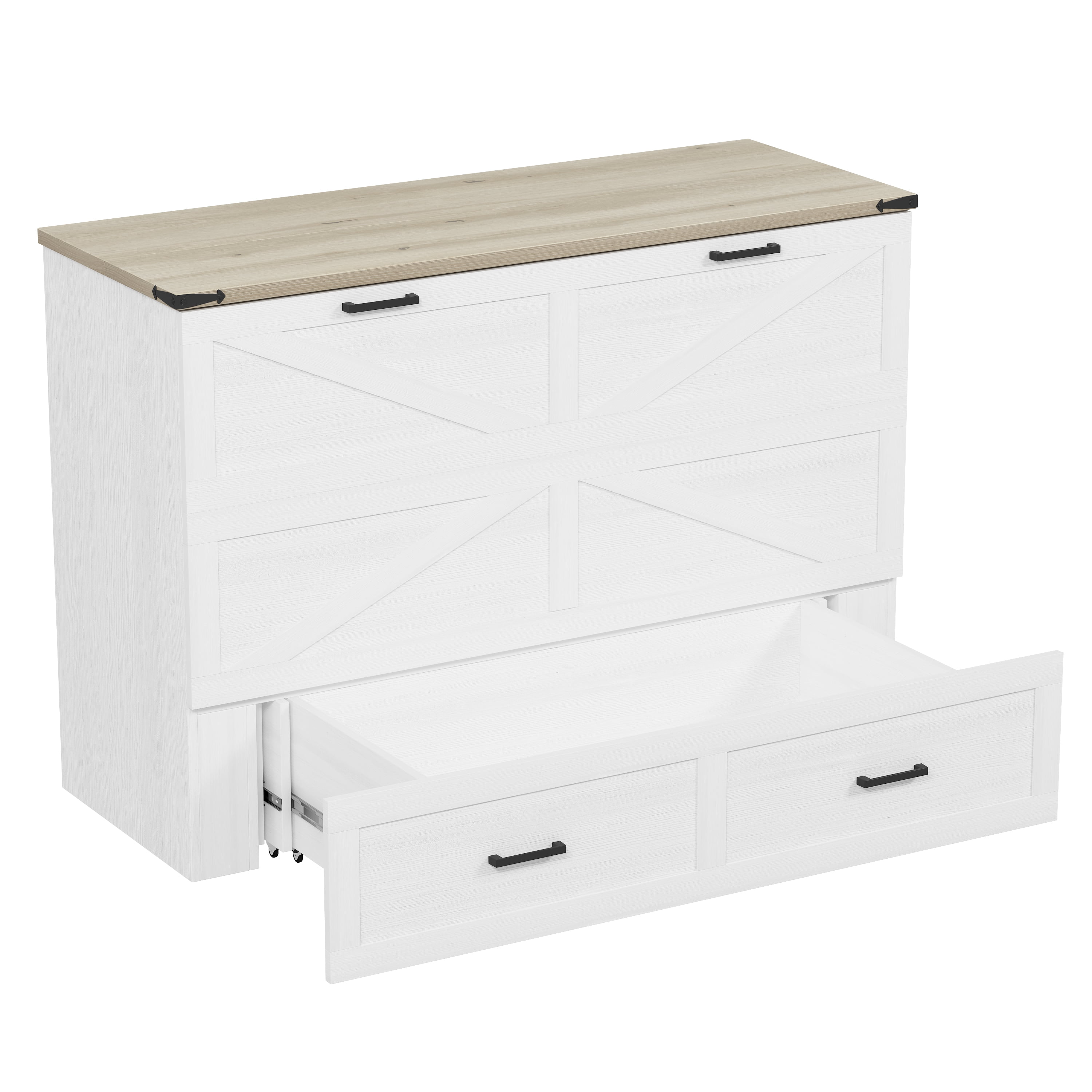 Mintazer Queen Farmhouse Murphy Cabinet Bed with Charging Station & Storage Drawers, Foldable Platform Bed for Bedroom Guest Room, White