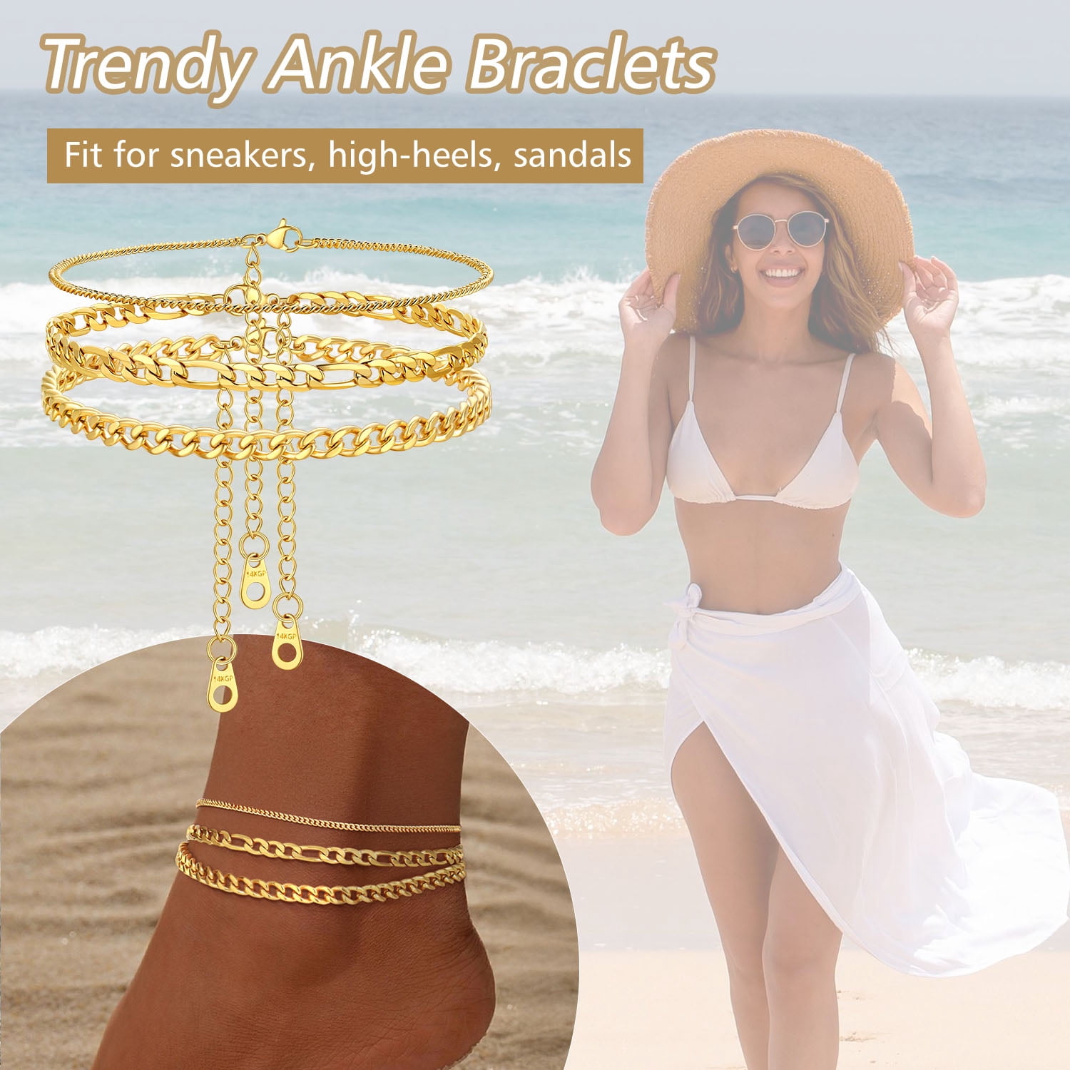 FindChic Ankle Bracelets for Women 14K Gold Plated 3-Layered Anklets Set Waterproof Figaro Chain Cuban Link Summer Foot Jewelry Birthday Gifts for Her Mom Wife