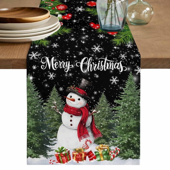 Black Christmas Table Runner 60 Inches, Xmas Tree Ball Snowflake Winter Gifts Bed Runner Dresser Scarves Tabletop for Indoor Outdoor Parties/Ceremony/Banquet, 13" x 60"