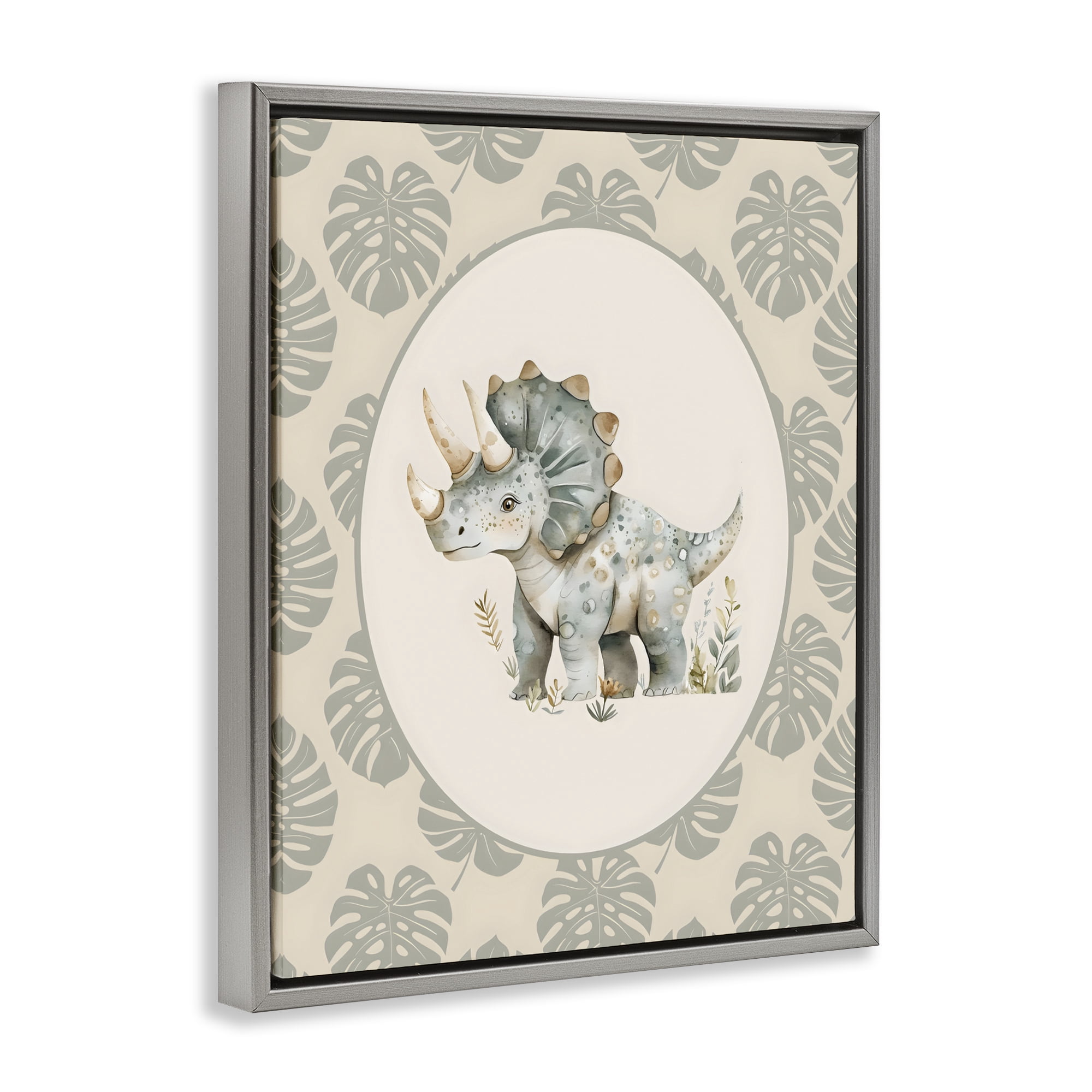 Stupell Industries Watercolor Dinosaur Tropical Border Gray Framed Floater Canvas Wall Art, design by LSR Design Studio
