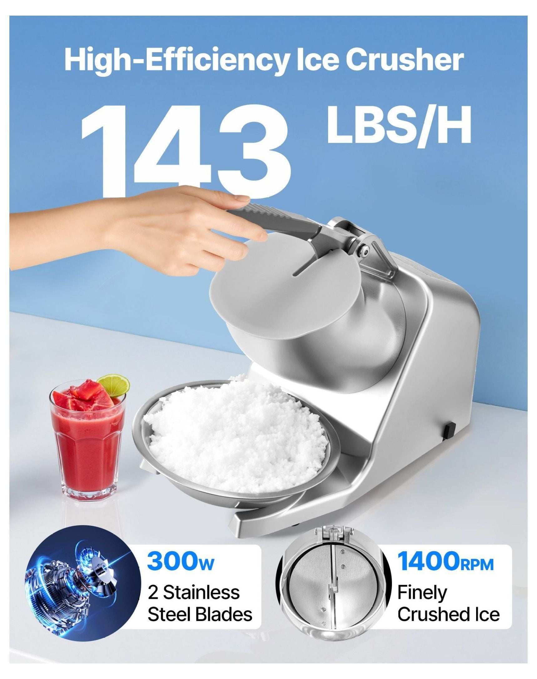 Ice Crusher Machine, Electric Snow Cone Maker - 143lbs/hr, Stainless Steel, 300W - Home & Commercial Ice Shaver with Bowl & Cover