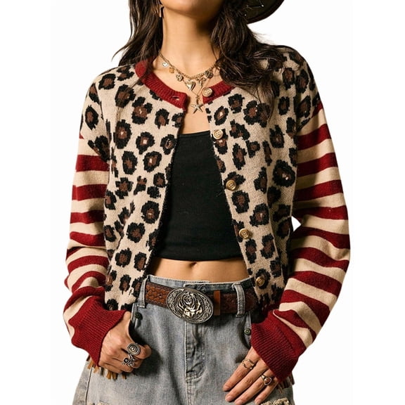 Women's Leopard Print Striped Patchwork Button Front Cropped Knit Cardigan Red S