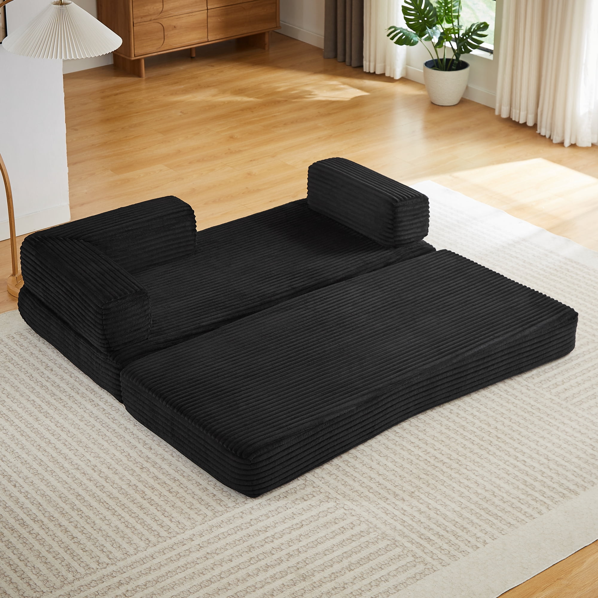 Leumius Convertible Sofa Bed,76.4" Cloud Couch with Memory Foam,Corduroy Loveseat Sofa with Deep Seat,No Assembly Required,Black