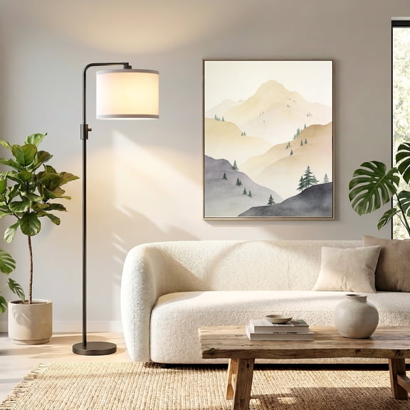 64in Black Dimmable Floor Lamp with Rotatable Head, Modern Standing Lamp with Linen Shade for Living Room Bedroom Office