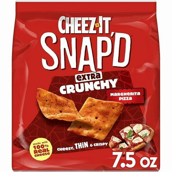 Cheez-It Snap'd Cheesy Baked Snacks, Thin Crisps, Lunch Snacks, Extra Crunchy Margherita Pizza, 7.5oz Bag (1 Bag)