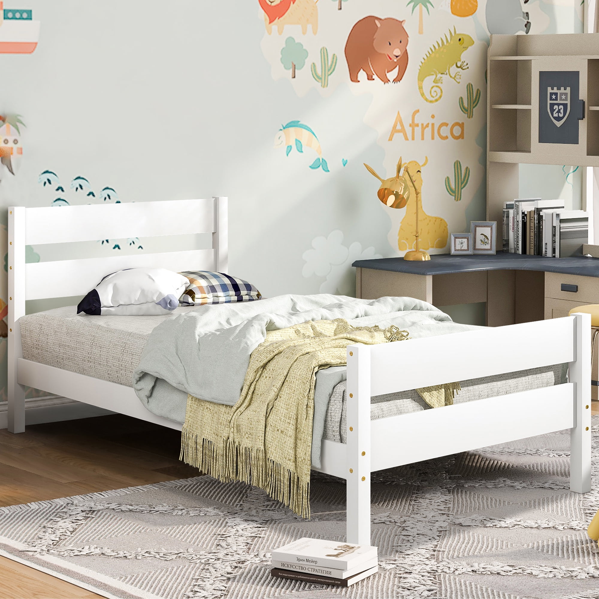 SYNGAR Twin Bed Frames, Wood Twin Bed Frame with Headboard and Footboard, Kids Bed Frame Twin