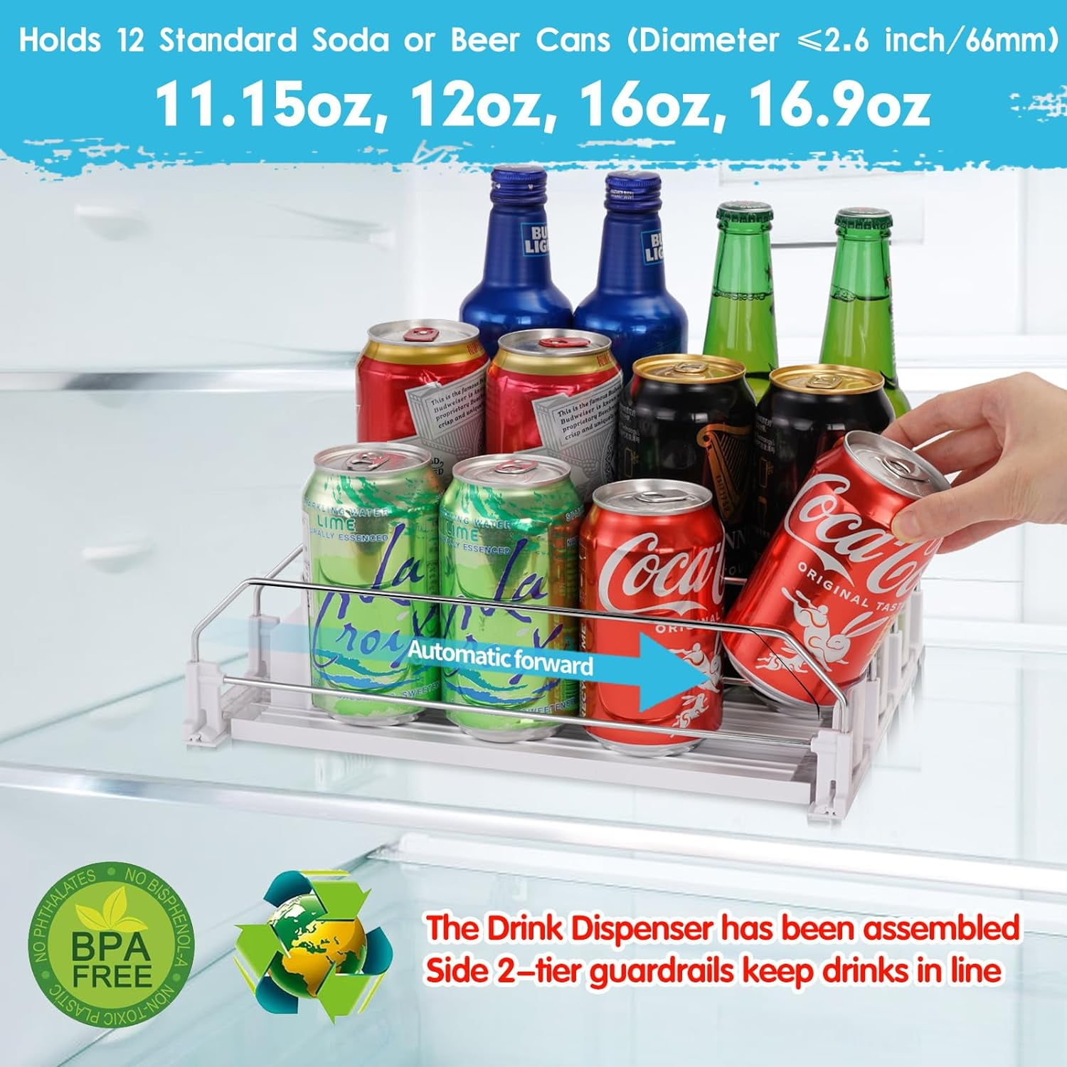 Mouind Drink Dispenser for Fridge, Soda Can Self-Pushing Organizer, Adjustable Width Beer Pop Water Bottle Storage for Refrigerator Kitchen Pantry (12