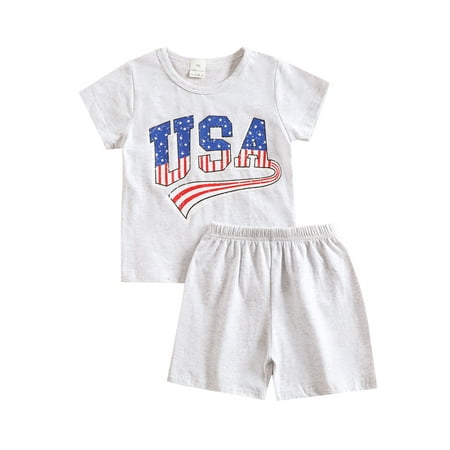

jaweiwi Baby Kids Fourth of July Outfits for Boys 12M 18M 24M 2T 3T 4T 5T Short Sleeve Letter Print T-Shirt + Shorts Set 2Pcs Summer Clothes