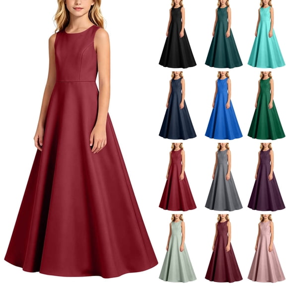 AHTJRT Graduation Dresses for Girls Satin Silk Crew Neck Sleeveless Pleated Flowy Maxi Dress Elegant Party Chorist Bridesmaid Dresses Black 5-6 Years