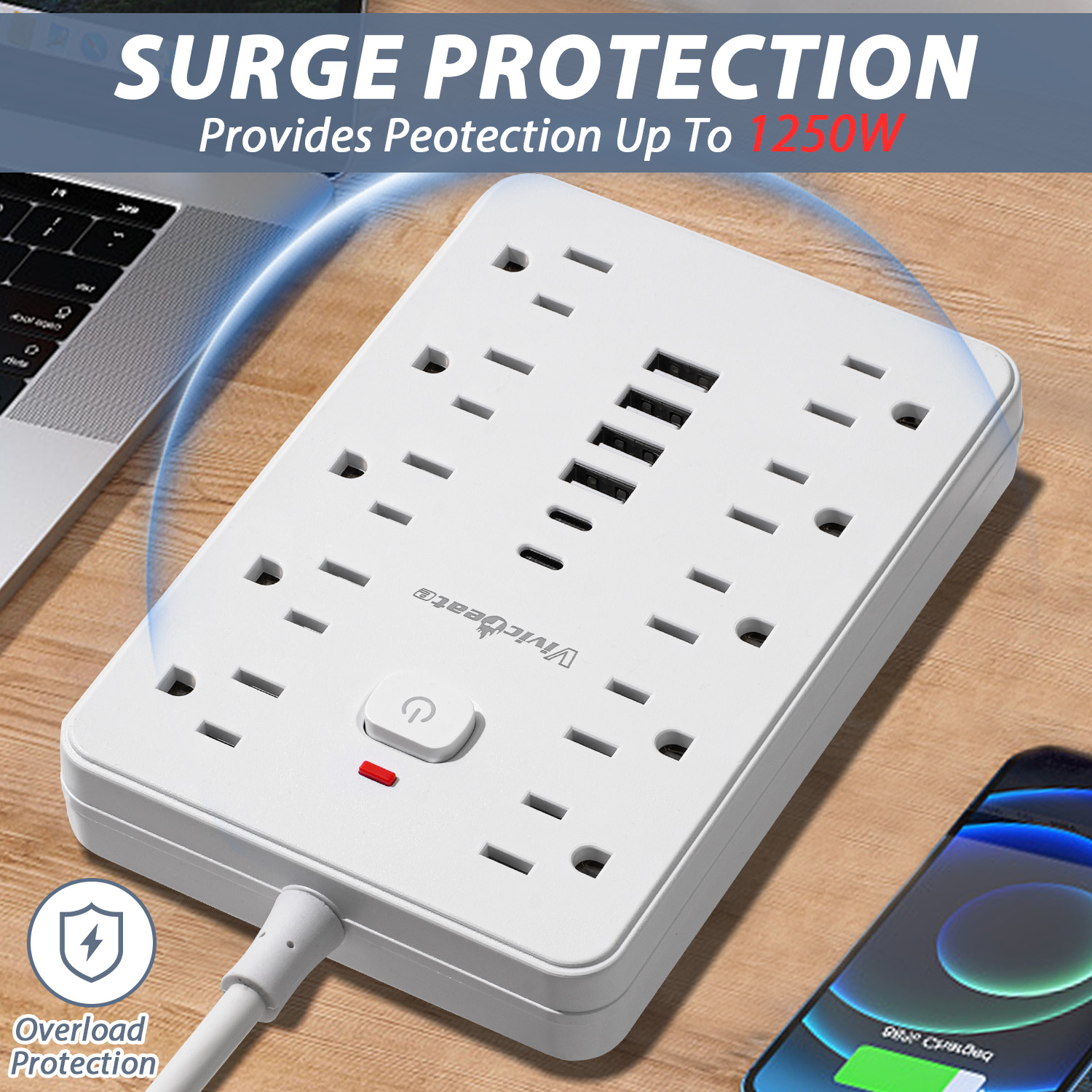 Vivicreate 16-in-1 Power Strip Surge Protector with 10 AC Outlets, 4 USB-A & 2 USB-C Ports, Flat Plug Short Extension Cord, Compact Power Strip for Home, Office, Desk & Travel