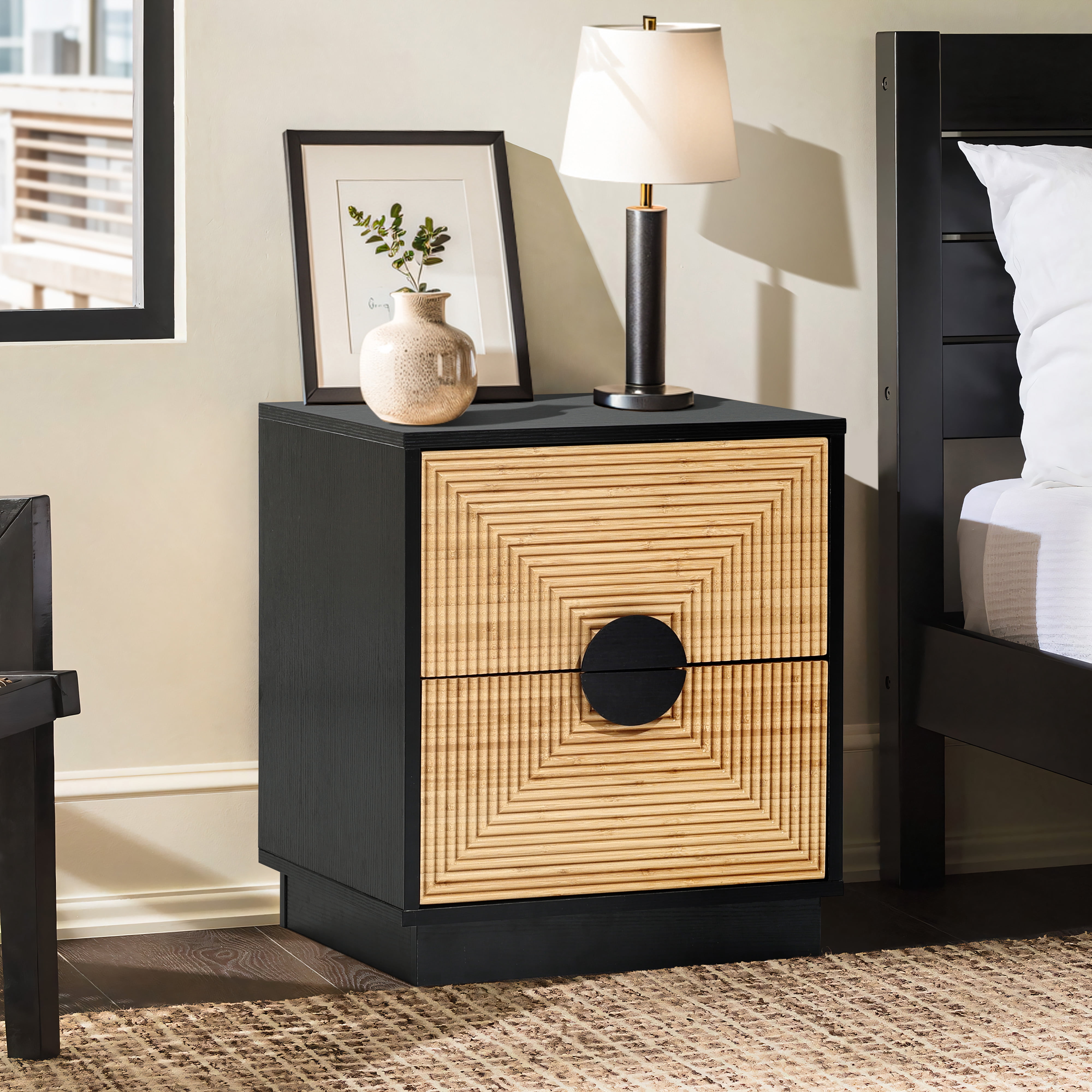 LuxenHome 20.5"H Night Stand, Mid Century Modern Nightstand with 2 Drawers, Boho Bedside Table with Bamboo Strips Pattern, Black