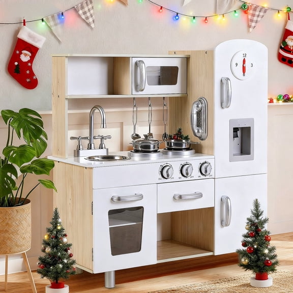 LAZY BUDDY Kids Pretend Play Kitchen, Wooden Kitchen Playset Toddler Toy Kitchen with Realistic Light & Sound, for Children Age 2