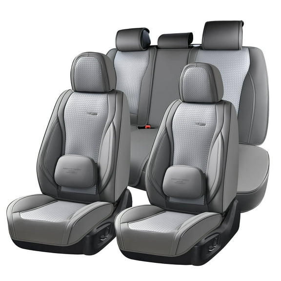 Coverado Car Seat Covers Full Set, Waterproof High-grade Leather Seat Protectors with Lumbar Support, Auto Cushions Universal Fit for Most Cars SUV Trucks, Gray
