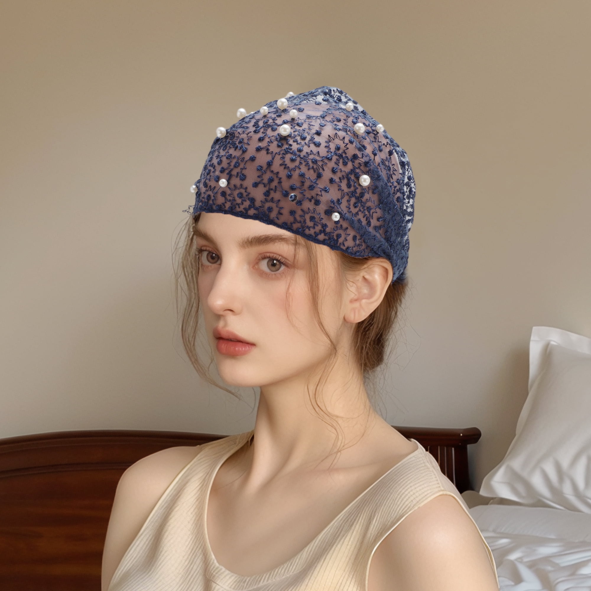 Unique Bargains 1pc Fashion Faux Pearl Wide Headwrap 9.45"x6.69" Navy Blue