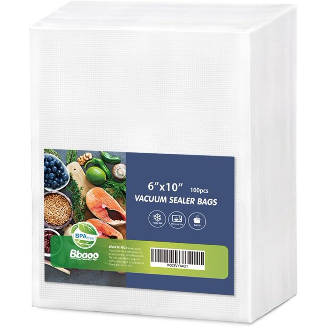 Bbaoo Vacuum Sealer Bags 6"x10" 100 Pint for Food Saver, Commercial Grade Freezer Bags, Food Vac Bags for Storage, Seal a Meal, BPA Free, Meal Prep or Sous Vide