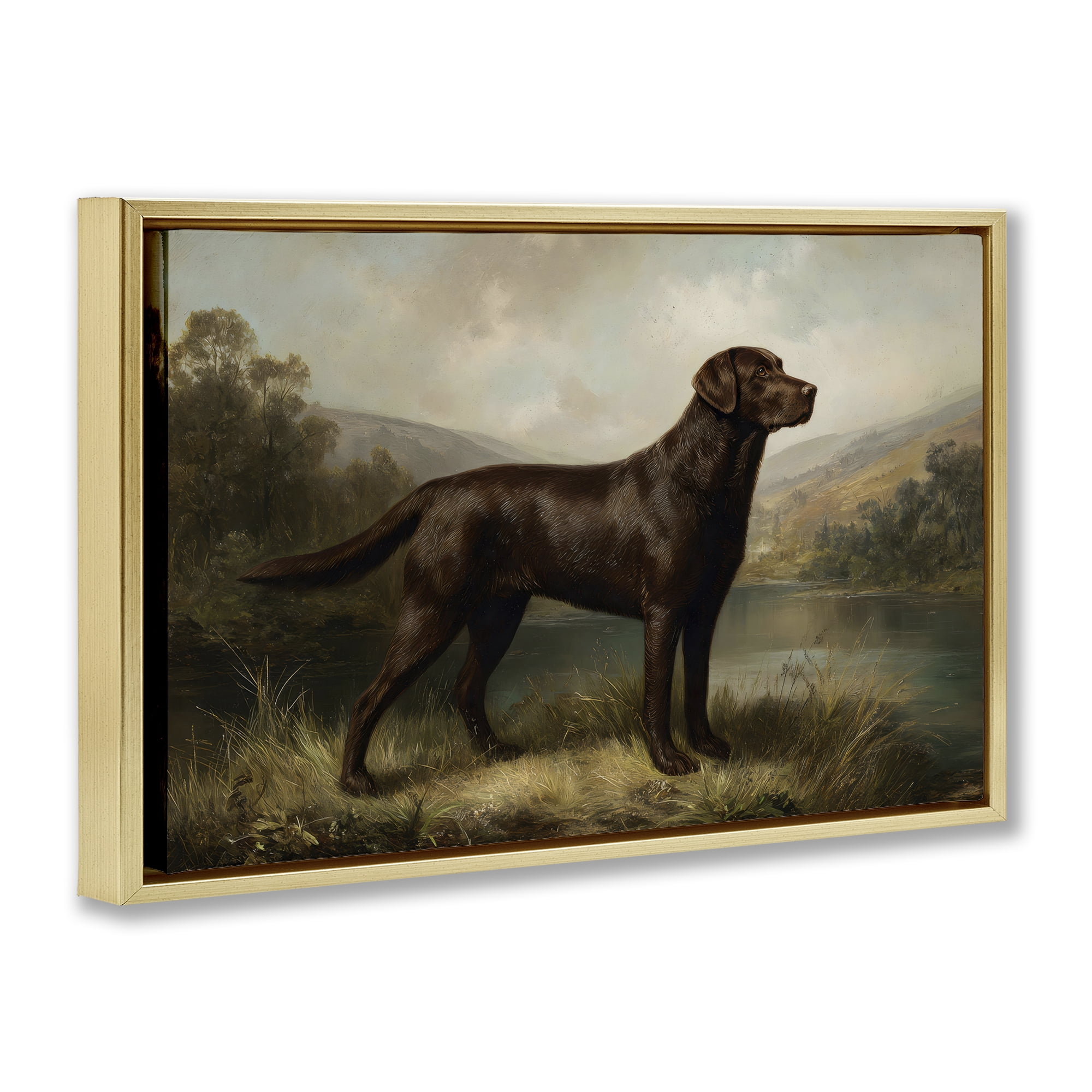 Stupell Industries On Alert Hunting Dog Gold Framed Floater Canvas Wall Art, design by Petal Prints Design