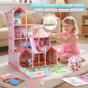 JoyStone Play Dollhouse with Doll Toy Figures, 14 Rooms Furniture and Colorful Lights, Creative Doll House Gift for Girls Ages 3+, Assemble Required, Pink