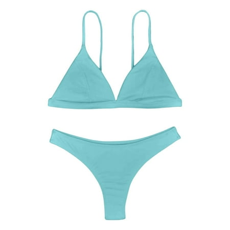 JIANJIA Womens Swimsuits Solid Color Sexy Spaghetti Strap Brassiere With Thongs Split Swimsuit Two Piece Bikinis Swimwears Bathing Suits Green S