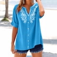 thumbnail image 3 of Xdegoge Womens Boho Floral Embroidered Blouse Cotton Linen V Neck Button Down Tunic Top Short Sleeve Rolled Cuff Loose Fit Casual Summer Vacation Work Shirts, 3 of 7