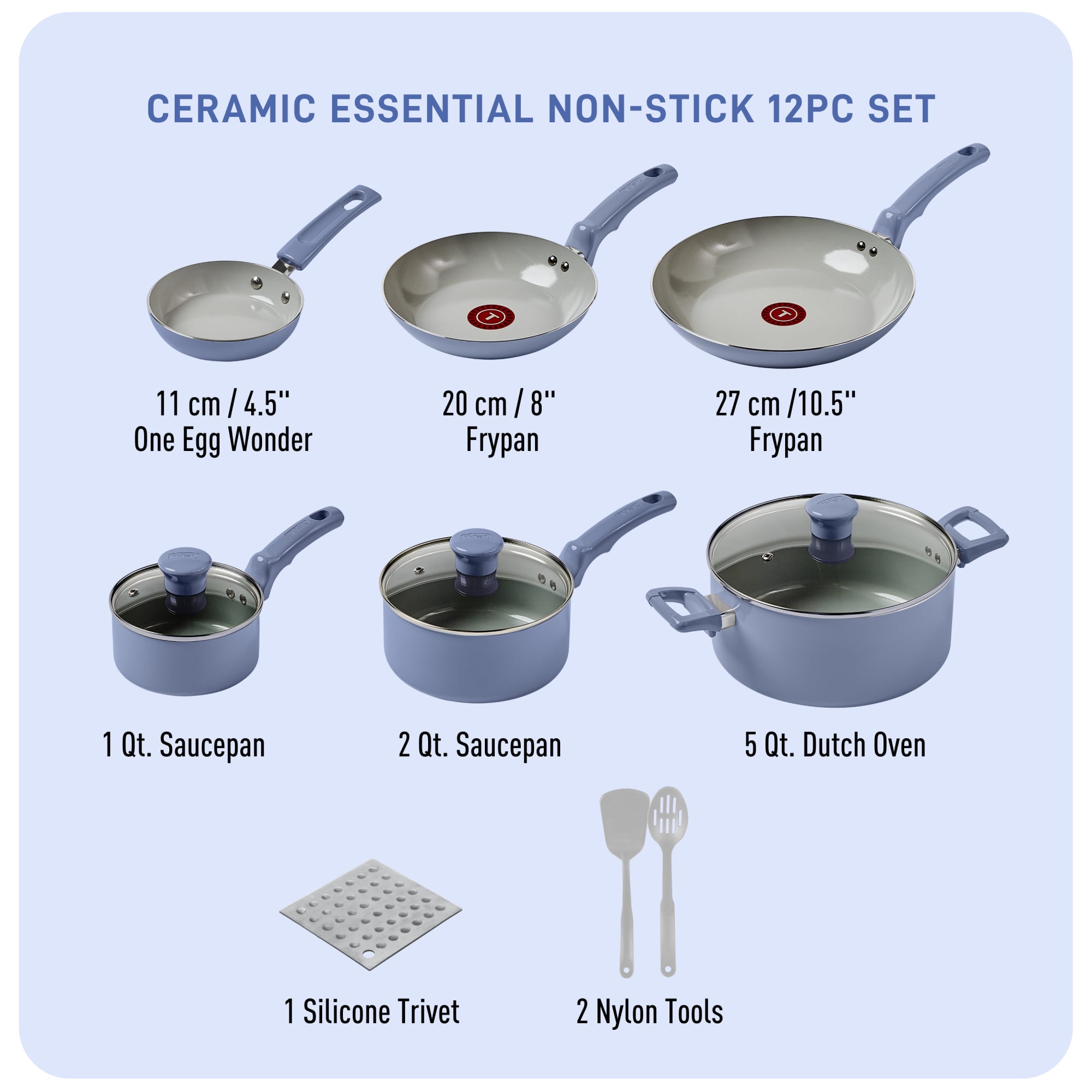 T-fal Ceramic Essential, 12 Piece Cookware Set, Blue, TFAL CERAM